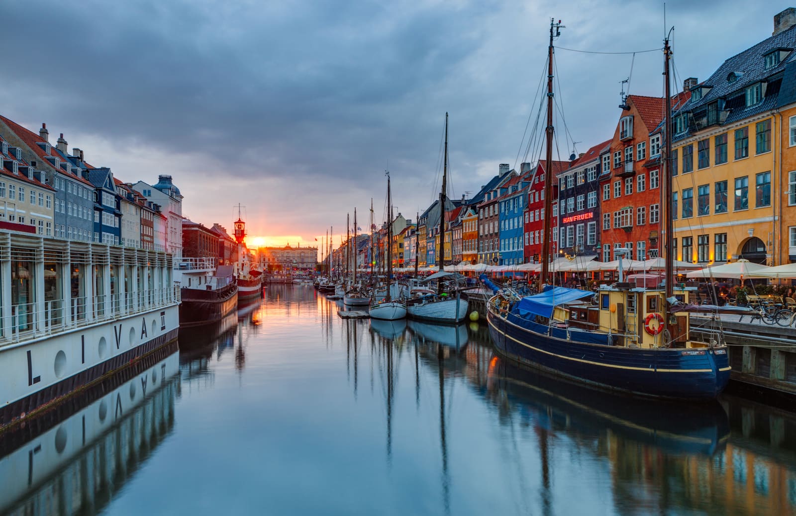 Colourful gabled houses along Nyhavn canal, Copenhagen